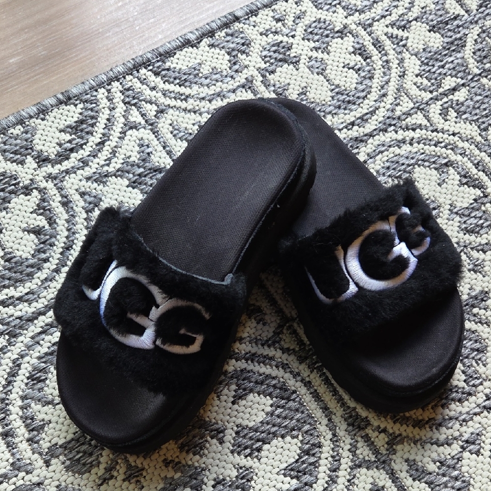 UGG Black Furry Slide Sandals
